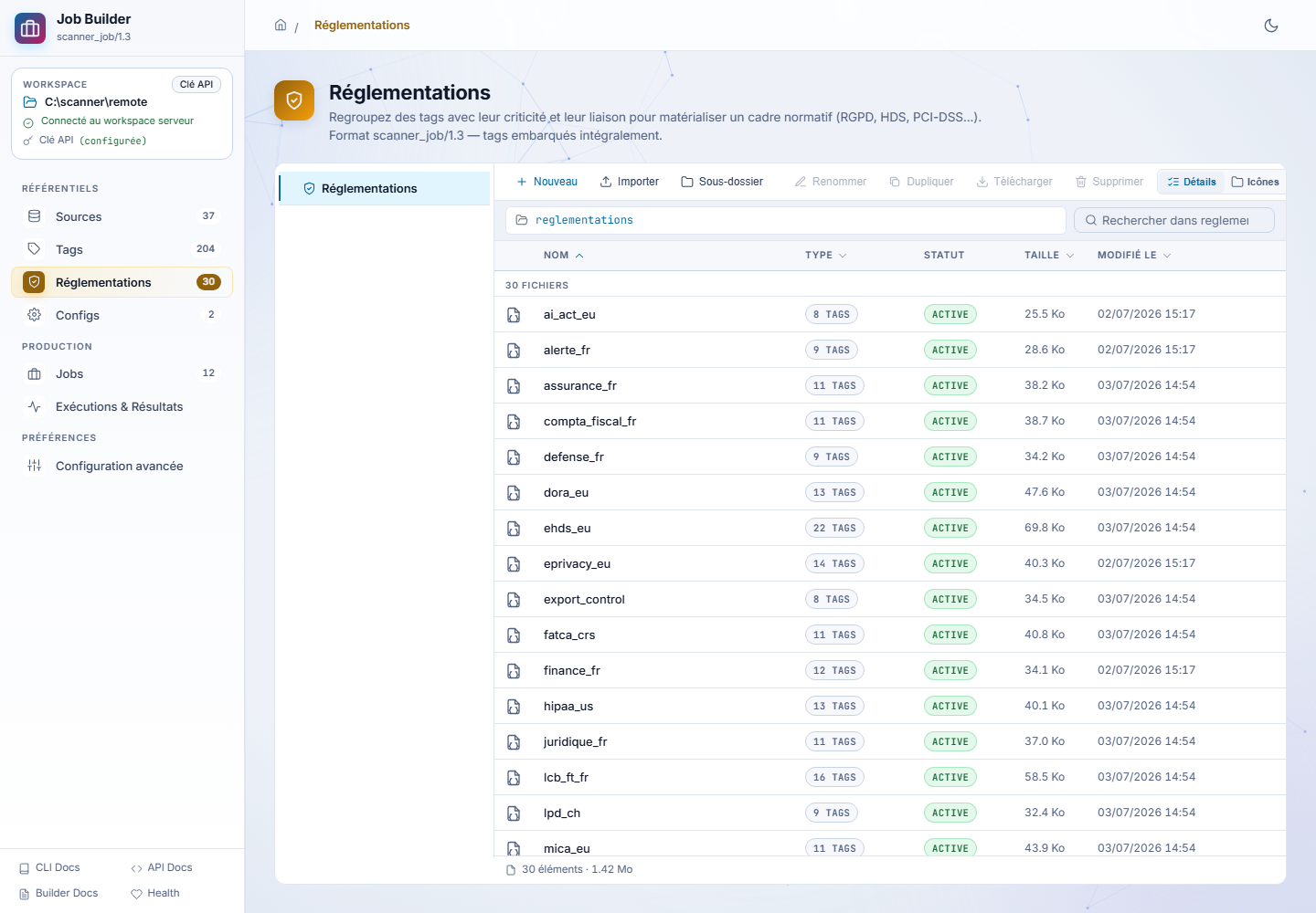 Job Builder : catalogues de réglementations (RGPD, Data Discovery…)