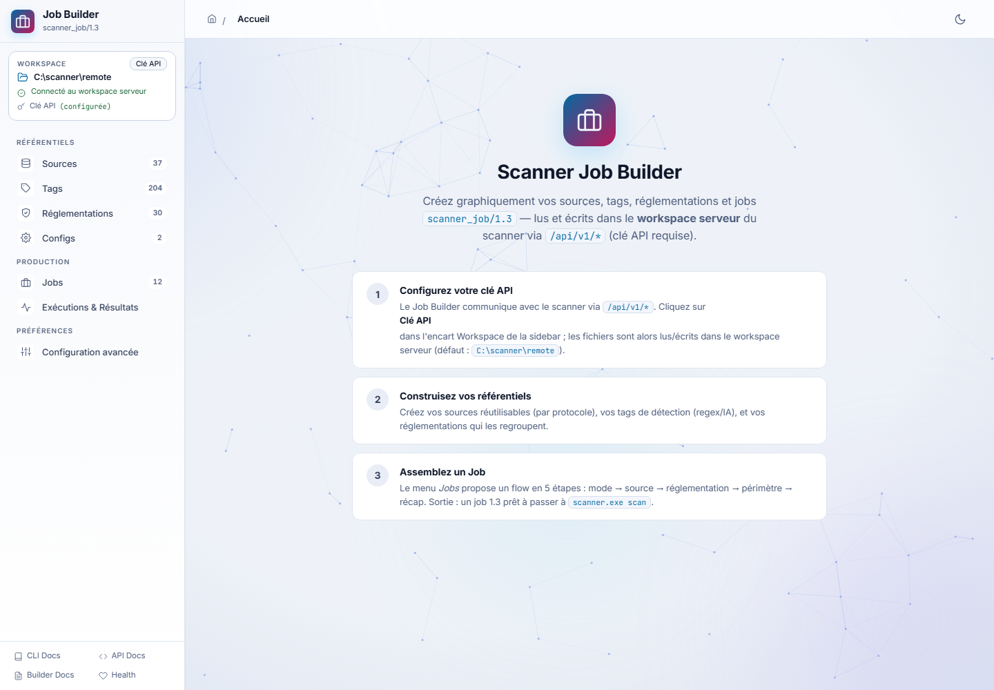 Job Builder : écran d'accueil, présentation et démarrage en 3 étapes